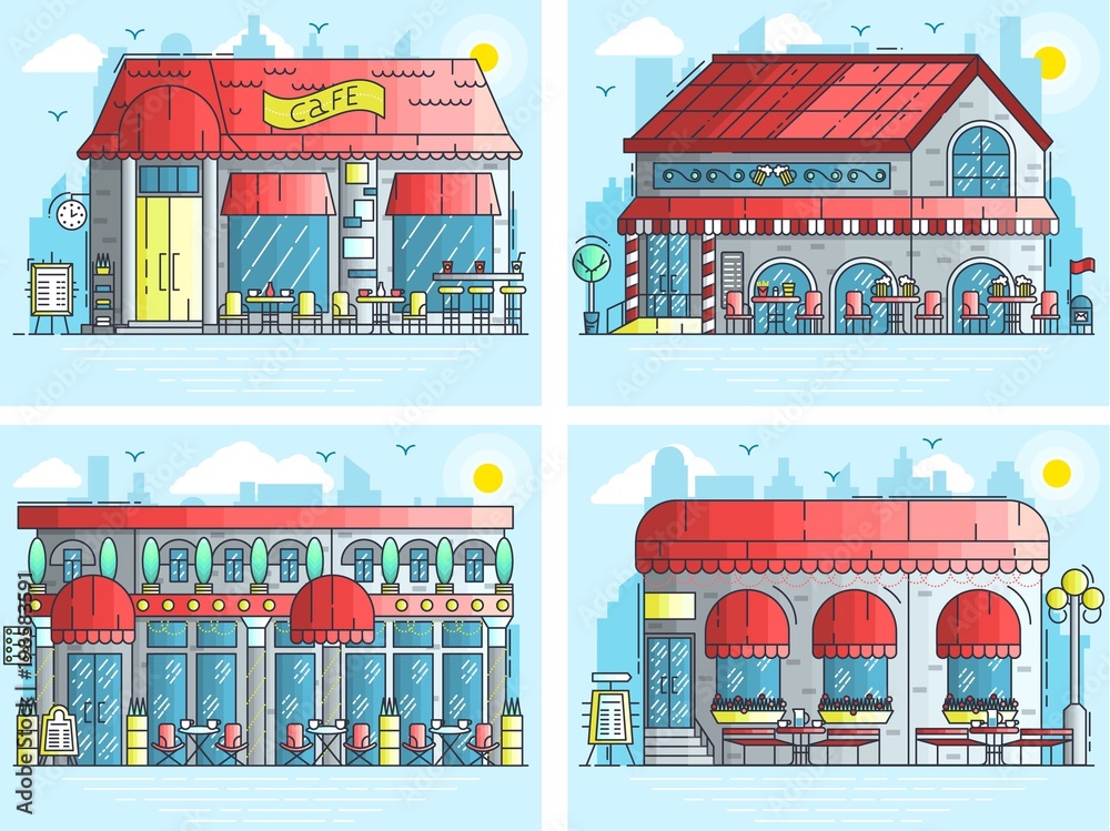 Set of exteriors of little cute cafe buildings on the street. Layout modern vector background illustration design concept