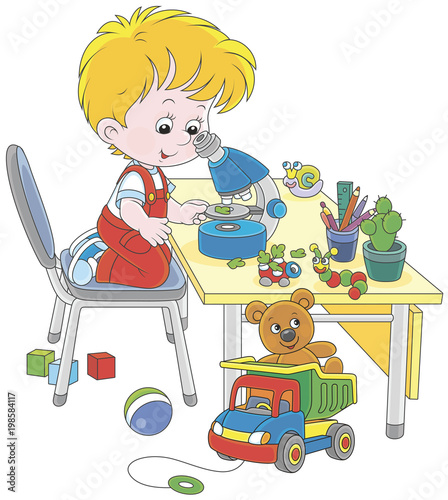 Little boy as a researcher and biologist looking at a small green leaf through a school microscope, a vector illustration in a cartoon style
