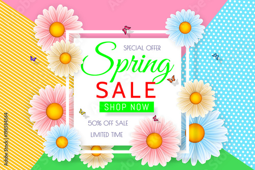 Fototapeta Naklejka Na Ścianę i Meble -  Spring sale background design with beautiful colorful flower. Vector floral design template for coupon, banner, voucher or promotional poster