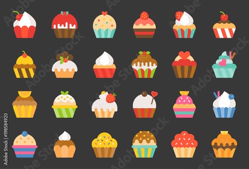 set of cupcake in various style, flat design icon photo