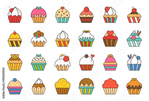 set of cupcake in various style, filled outline icon