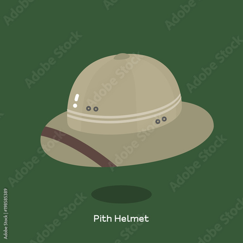 PITH HELMET
Light weight cloth-covered helmet made of pith material also known as safari helmet. Brown color pith helmet and hard brim illustrated on green background.
