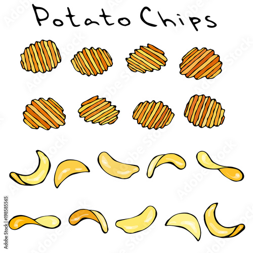 Ruffled or Corrugated Potato Chips. Beer Snack. Figure Knife Cuts of Vegetable. Carved Cooking Ingredient. Fast Food or Street Food Cuisine. Realistic Hand Drawn Illustration. Savoyar Doodle Style.