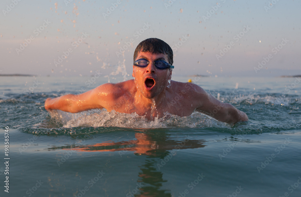 Man Swimming Sea Ocean Sunset