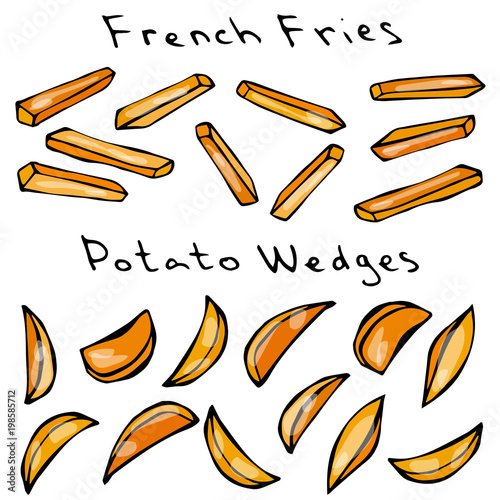 French Fries and Potato Wedges. Fried Potato. Figure Knife Cuts of Potato Vegetable. Carved Cooking Ingredient, Fast Food Street Food Cuisine. Realistic Hand Drawn Illustration. Savoyar Doodle Style.
