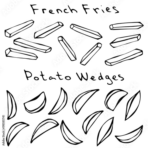 French Fries and Potato Wedges. Fried Potato. Figure Knife Cuts of Potato Vegetable. Carved Cooking Ingredient, Fast Food Street Food Cuisine. Realistic Hand Drawn Illustration. Savoyar Doodle Style.
