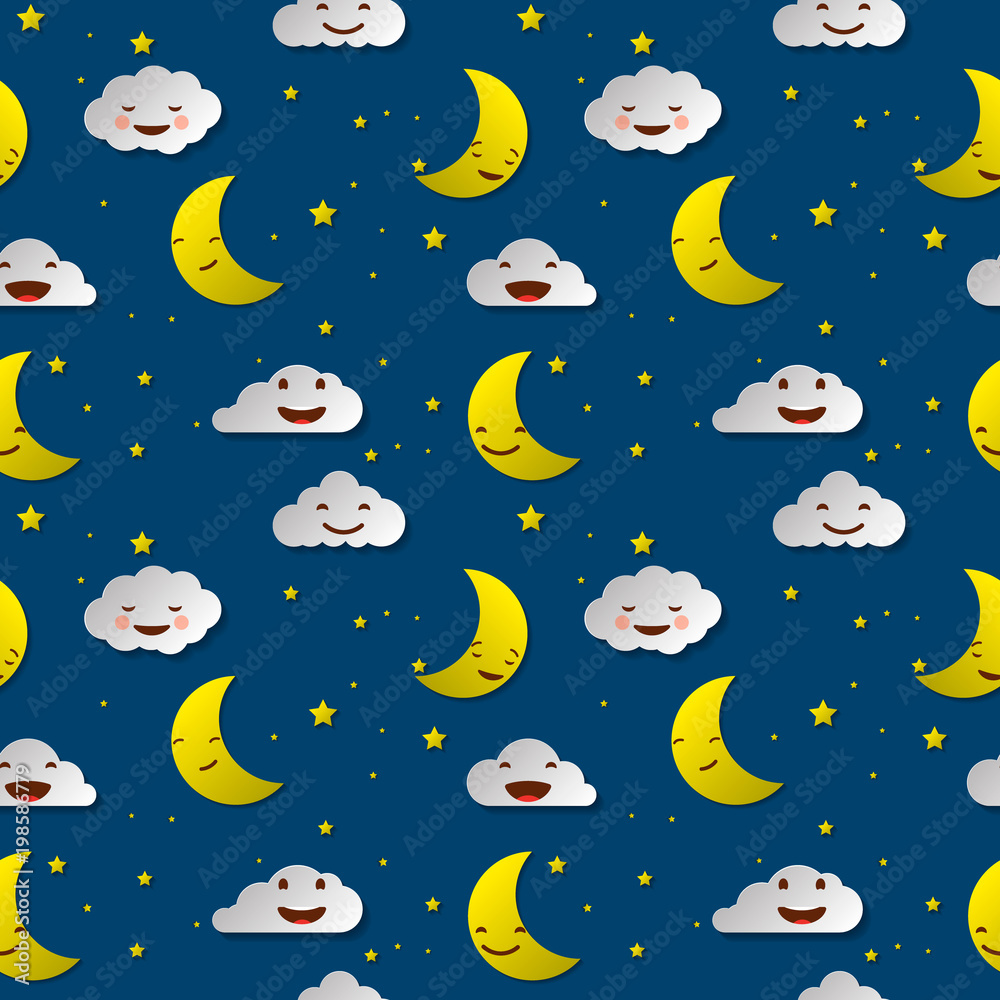 Cute sky pattern. Seamless vector design with smiling, sleeping moon, stars and clouds. Baby illustration. Cute sky pattern. Seamless vector design with smiling, sleeping moon, stars and clouds. Baby illustration.