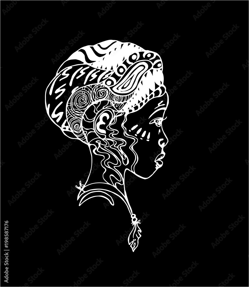 African girl in profile. Tattoo art illustration. Chalk on a blackboard.