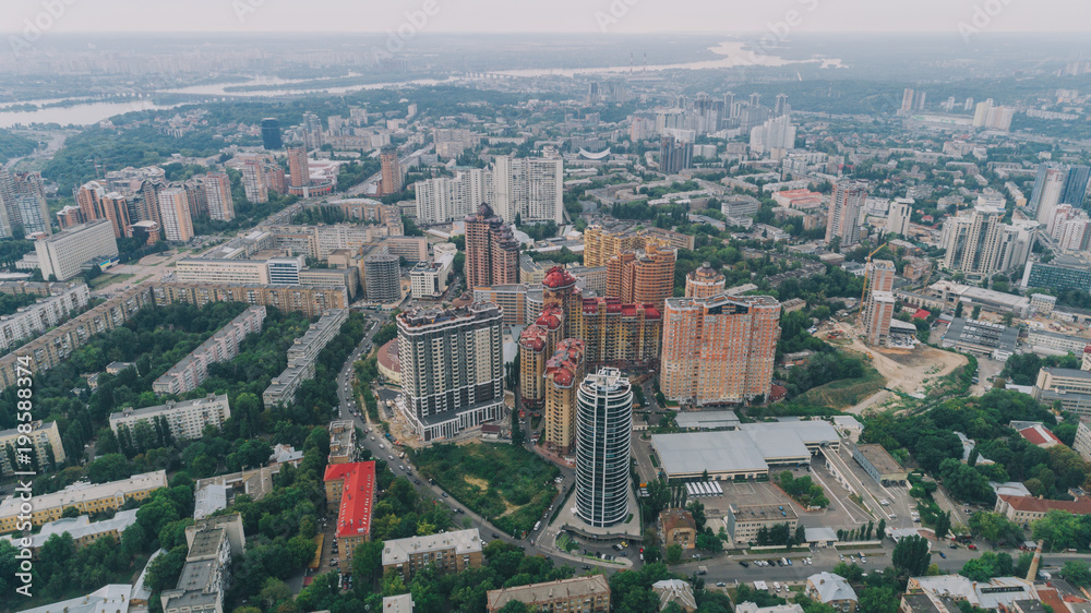 Kiev. Ukraine. July 27, 2017. The residential complex is a skyline. Aerial view. Building.