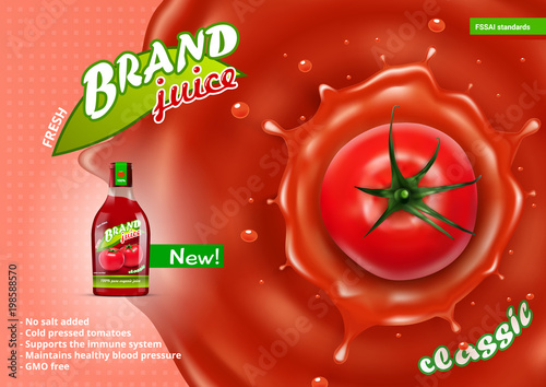 Fresh Tomato Juice In Glass Bottle With Juice Splash