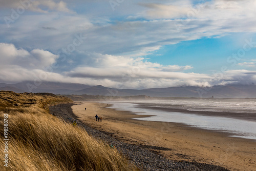 Scenic view of grass covered sand dunes on Banna beach in county Kerry, Ireland