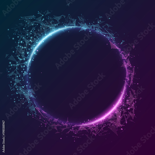 Geometric plexus banner of flying geometric particles on a dark background. Purple and blue glowing connected triangular elements. Scientific background for your design. Vector illustration