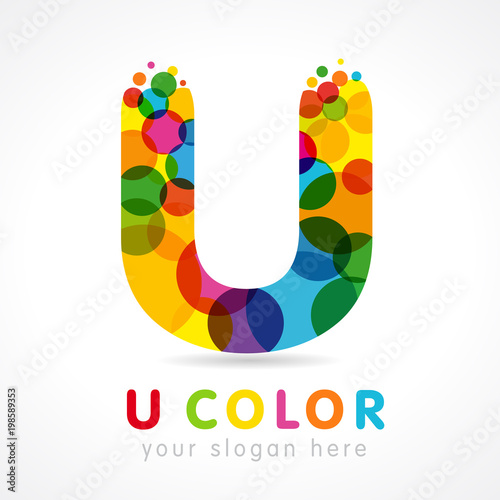 Letter U logotype. Logo "u" isolated abstract business colorful emblem. Stained glass colores graphic template. Clouds and bubbles with multicolored bunch. Vector corporate soft branding identity