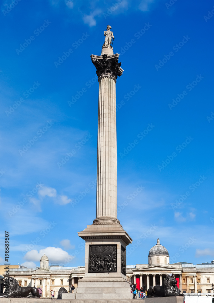 Nelson's column and National Gallery on Trafalgar square, London, UK
