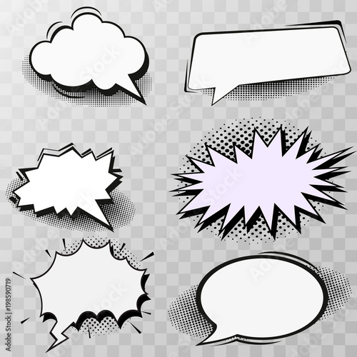 Set of blank template in Pop Art style. Vector Comic Text Speech Bubble Halftone Dot Background.