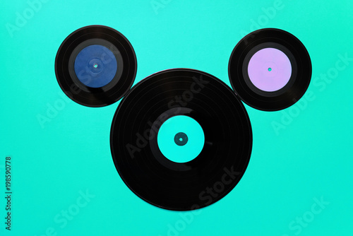 Top view of old vinyl ussr records. Music history concept