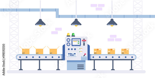 Packing and Production line concept in flat style. Industrial machine vector illustration. Cardboard Boxes on conveyor belt in factory.