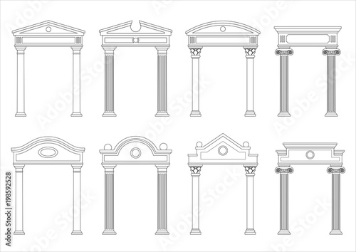 A set of silhouettes of classic vintage arches and facades. Templates for colorings. Vector graphics. Architectural elements of pediments