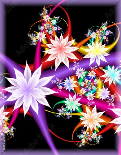 Digital fractal 3D design.Multicolor fractal flower on black background. © juliaz36z