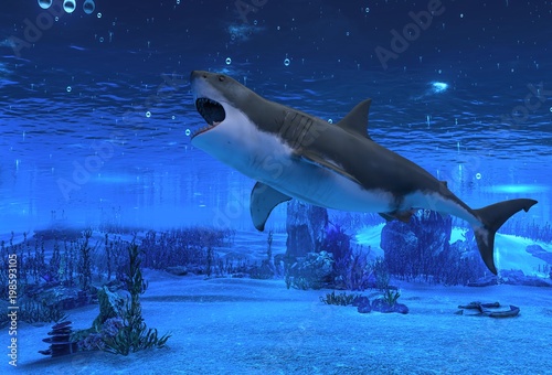 Great white shark swimming underwater 3d illustration