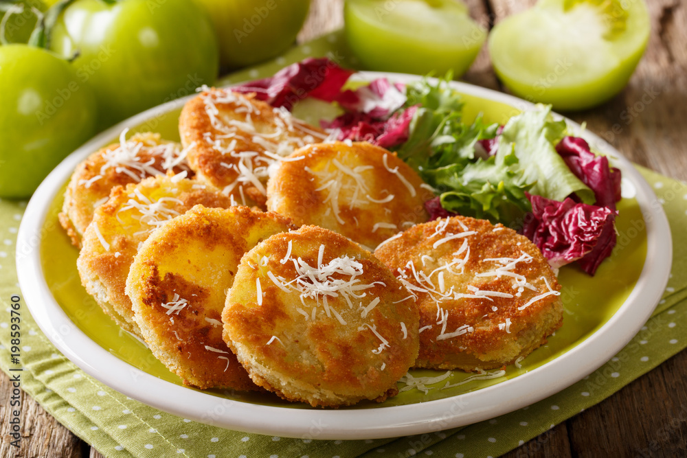 Delicious fried green tomatoes with fresh salad macro on a plate. horizontal Delicious fried green tomatoes with fresh salad macro on a plate. horizontal