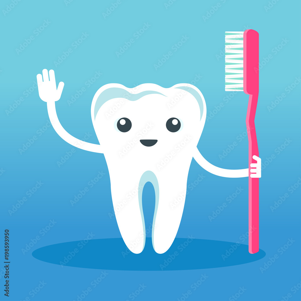 Cute happy smiling tooth with a toothbrush. Flat vector cartoon character illustration. Care of teeth. Dental concept for children dentistry. Prevention of diseases of oral cavity. Cute happy smiling tooth with a toothbrush. Flat vector cartoon character illustration. Care of teeth. Dental concept for children dentistry. Prevention of diseases of oral cavity.