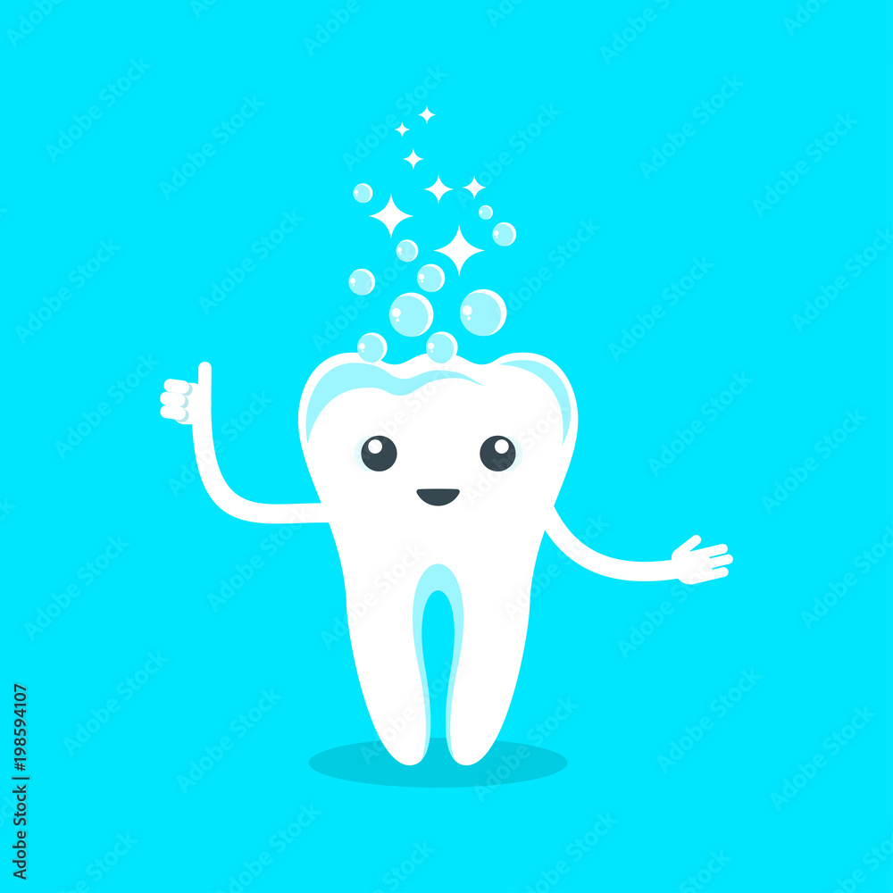 Cute happy smiling tooth. Flat vector cartoon character illustration. Care of teeth. Dental concept for children dentistry. Prevention of diseases of oral cavity.
