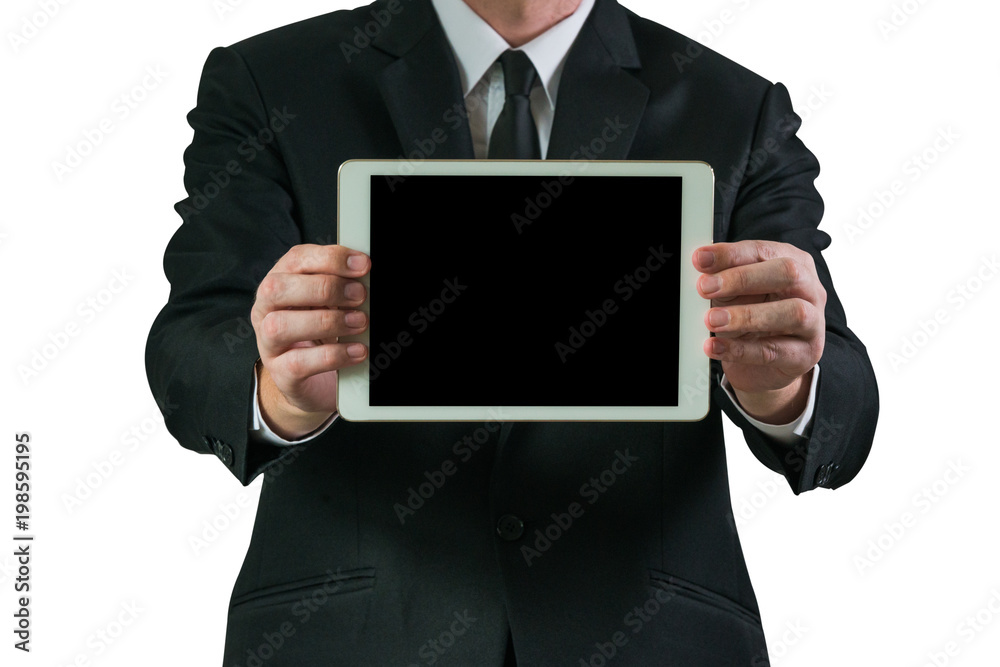 Business man holding and showing a tablet with blank on a white background Business man holding and showing a tablet with blank on a white background