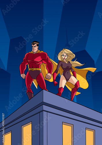 Superhero couple watching over the city from the roof of a tall building at night. 