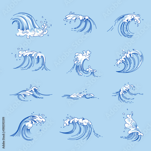 Waves and ocean or sea water splashes vector sketch icons set