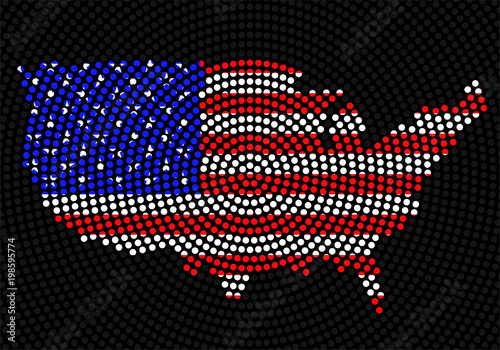 Abstract map USA of radial dots with flag inside