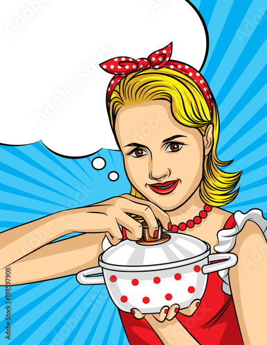 Colorful vector poster of a housewife in comic art style. Beautiful girl with blonde hair is cooking.