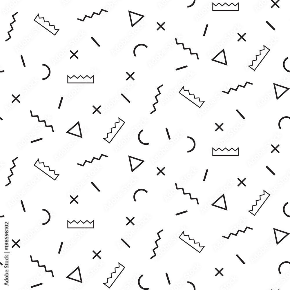 MEMPHIS STYLE SEAMLESS PATTERN. GEOMETRIC ELEMENTS 80S AND 90S DESIGN TEXTURE ON WHITE BACKGROUND.