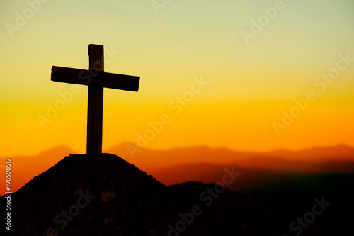 Crucifixion Of Jesus Christ At Sunrise - Silhouette The Crosses On Hill