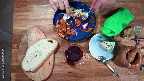 Top view prepare serving plate with shrimps, andive, beet salad and moldy cheese. photo