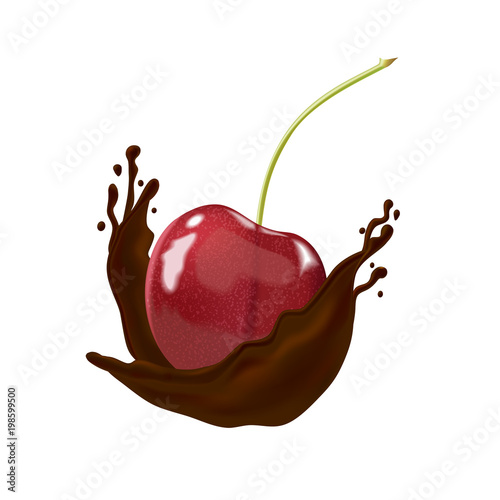 Cherry in hot chocolate on white background