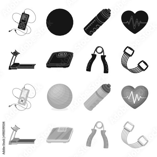 Treadmill, scales, expander and other equipment for training.Gym and workout set collection icons in black,monochrome style vector symbol stock illustration web. photo