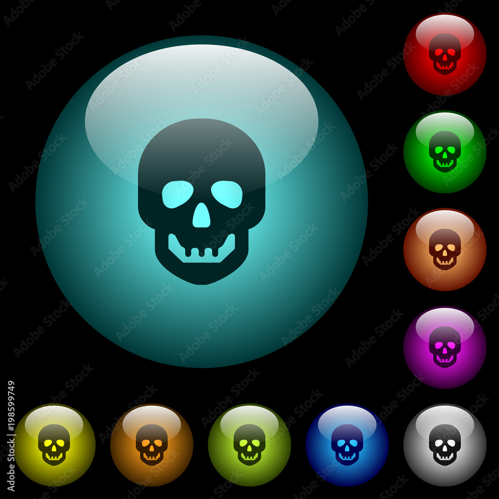 Human skull icons in color illuminated glass buttons