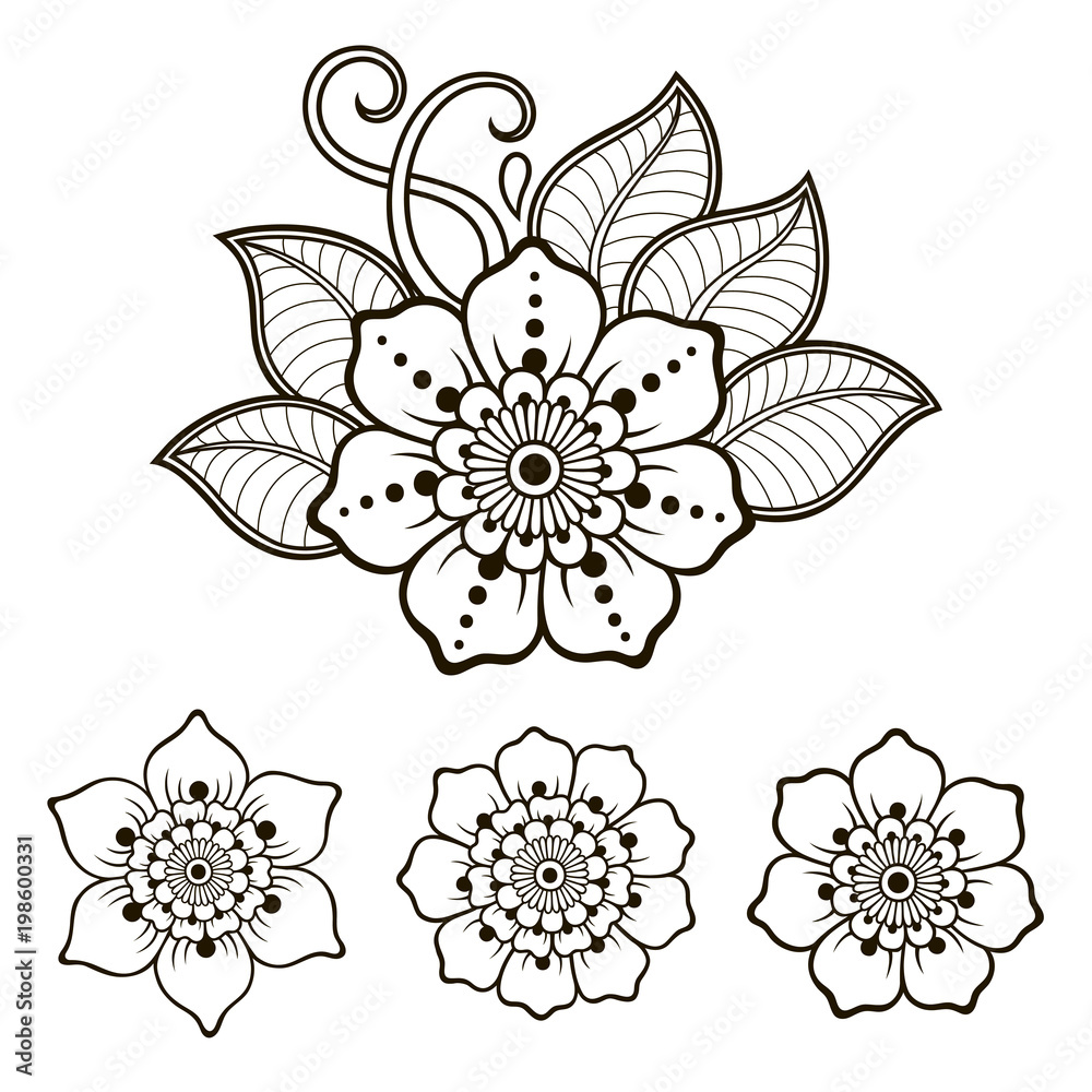 Fototapeta Henna tattoo flower template and border. Mehndi style. Set of ornamental patterns in the oriental style.