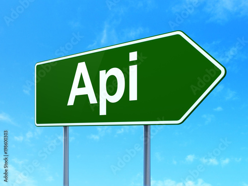Database concept: Api on green road highway sign, clear blue sky background, 3D rendering