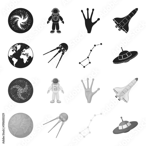 Planet Earth with continents and oceans, flying satellite, Ursa Major, UFO. Space set collection icons in black,monochrome style vector symbol stock illustration web.