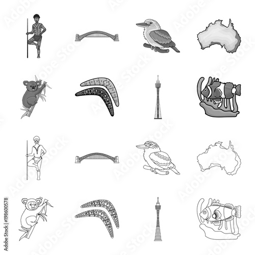 Koala on bamboo, boomerang, Sydney tower, fish clown and ammonium.Australia set collection icons in outline,monochrome style vector symbol stock illustration web.