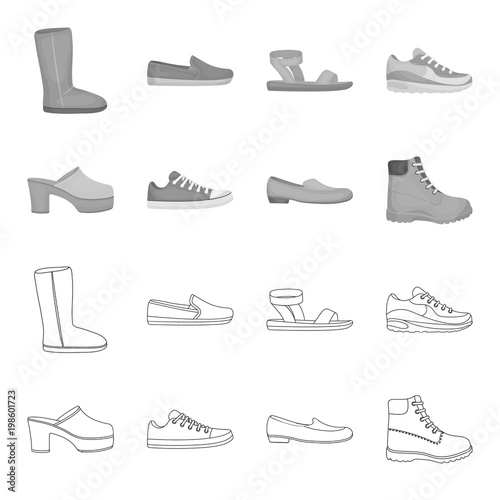 Flip-flops, clogs on a high platform and heel, green sneakers with laces, female gray ballet flats, red shoes on the tractor sole. Shoes set collection icons in outline,monochrome style vector symbol