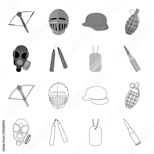 Gas mask, nunchak, ammunition, soldier token. Weapons set collection icons in outline,monochrome style vector symbol stock illustration web. photo