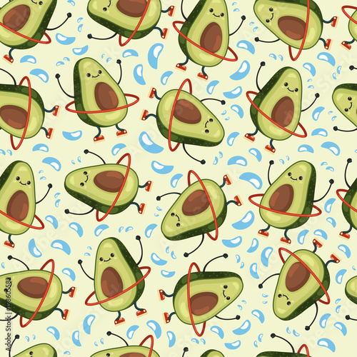 Avocado seamless vector pattern. Cute fruit character doing exercises with hula hoop. Eating healthy and fitness.