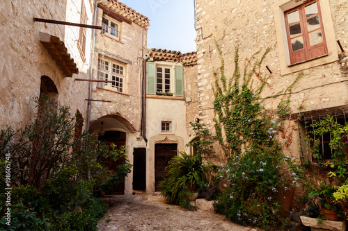 facades of ancient stone buildings at old european town  Antibes  France