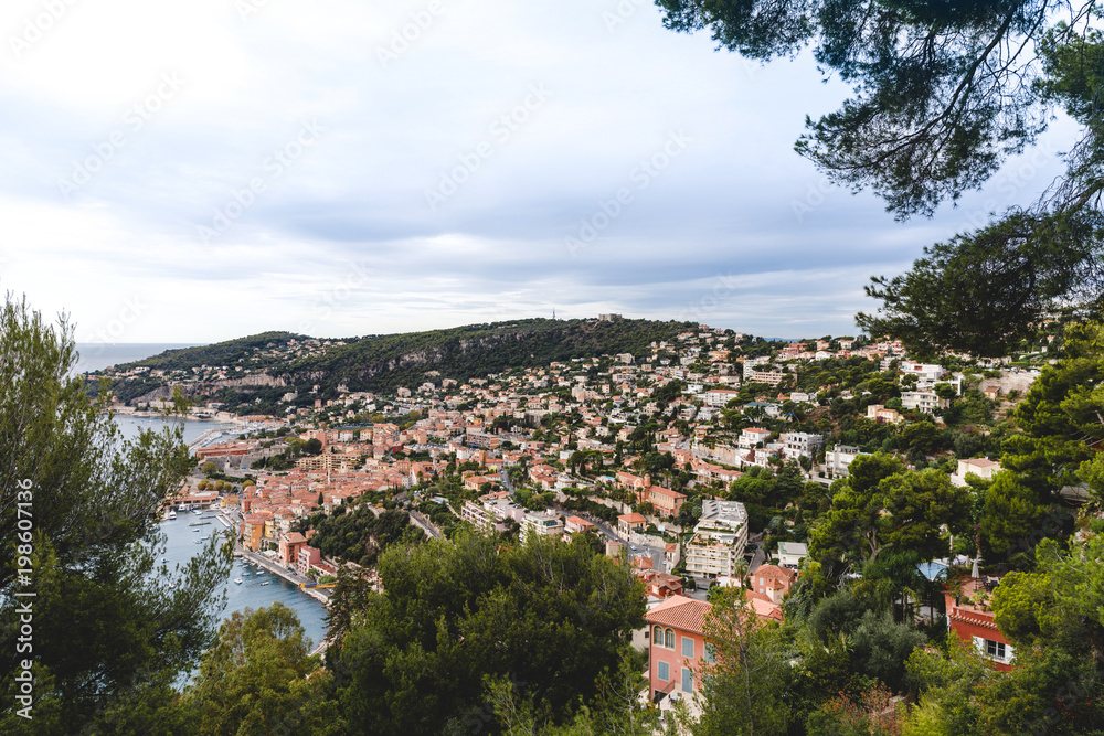 aerial view of beautiful european town on hill over seashore, Cannes, France