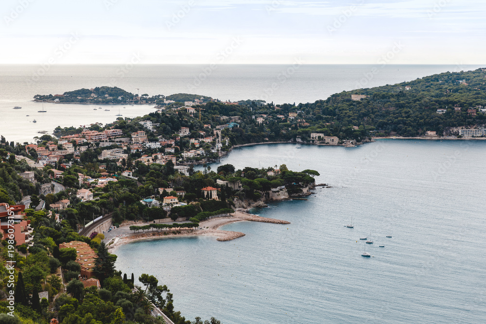 aerial view of beautiful european city on peninsula in france, Eze, France