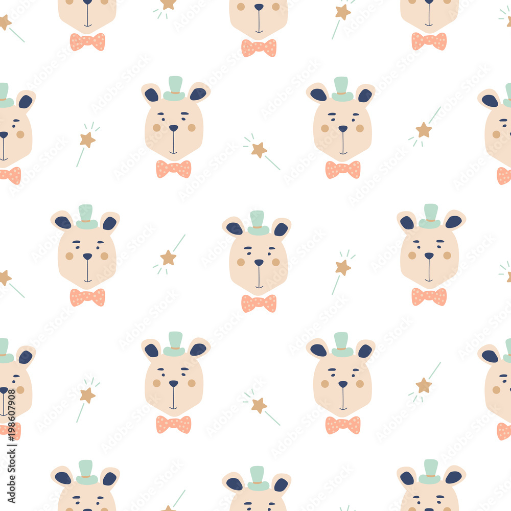 Seamless pattern with cute magician bears.