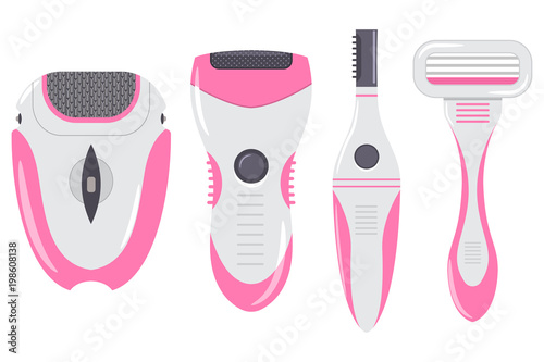 Hair removal equipment for women. Razor, epilator and trimmer set. Vector cartoon flat icons for depilation isolated on white background.
